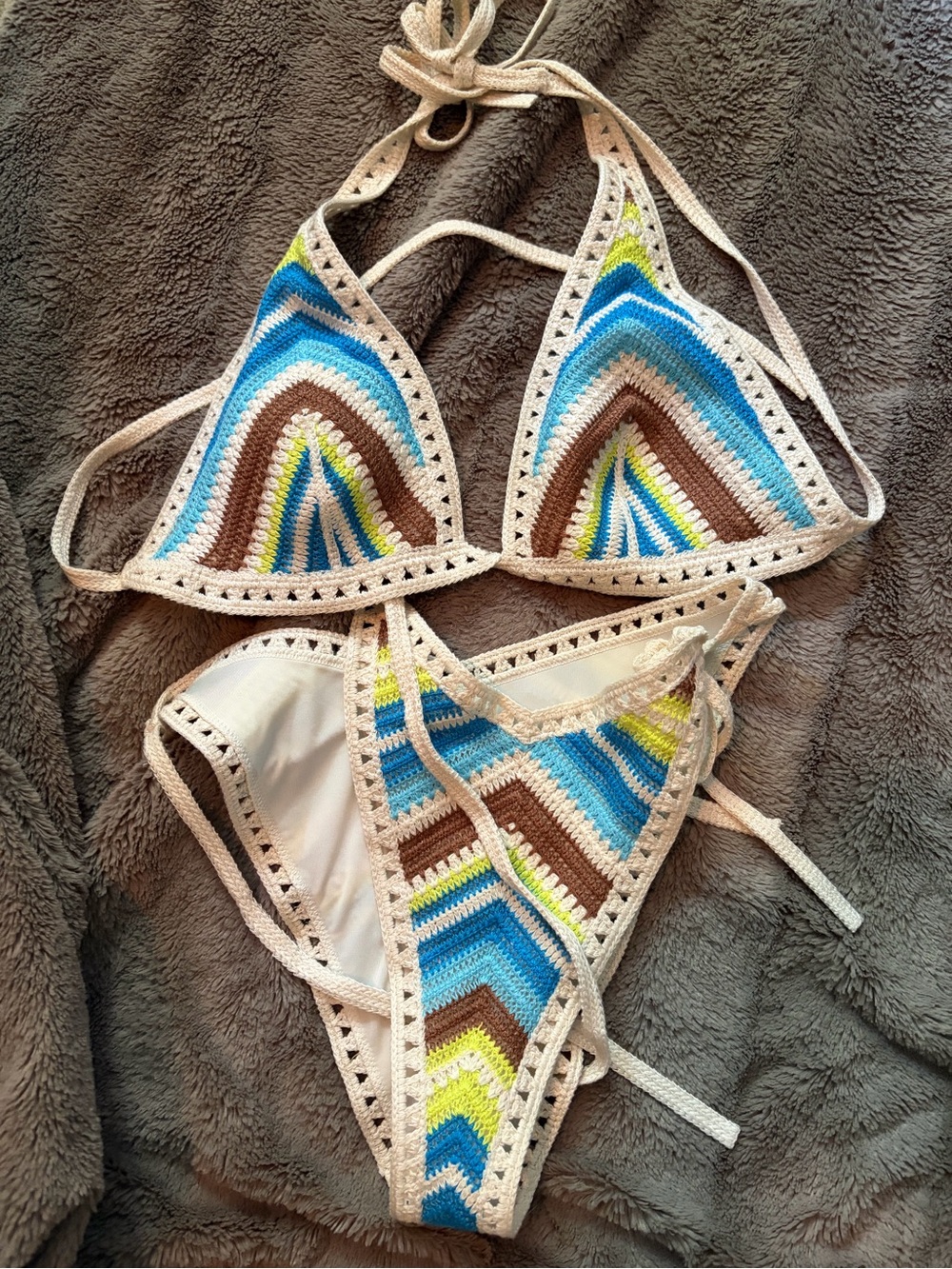 aerie Crochet Triangle Bikini in Blue, Brown, Cream, Lime